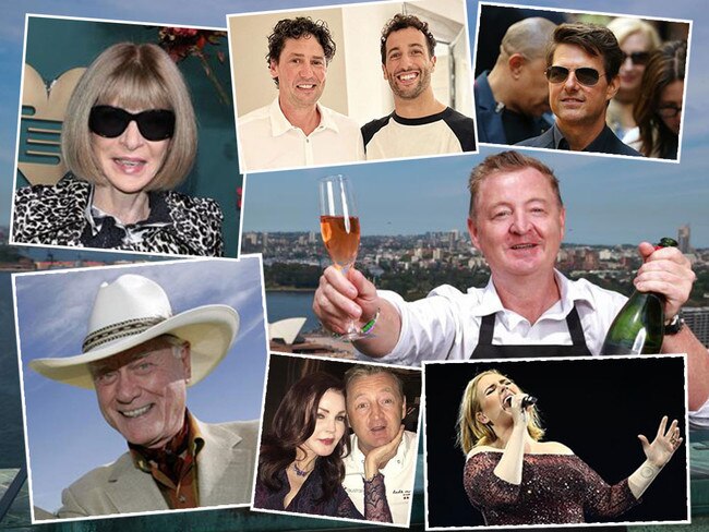 Celeb chefs like Luke Mangan (main picture) and Colin Fassnidge (with Daniel Ricciardo, top centre) have seen all levels of VIP, including Anna Wintour (top left), Tom Cruise (top right). Larry Hagman, (bottom left), Priscilla Presley (bottom centre) and Adele.