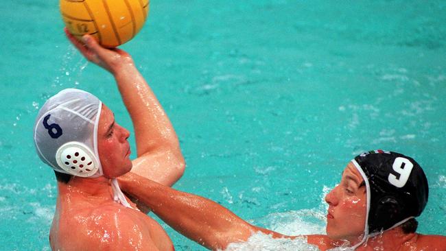 Paul Oberman (#6) in action for Australia in a test match against Hungary at Sydney Aquatic Centre.