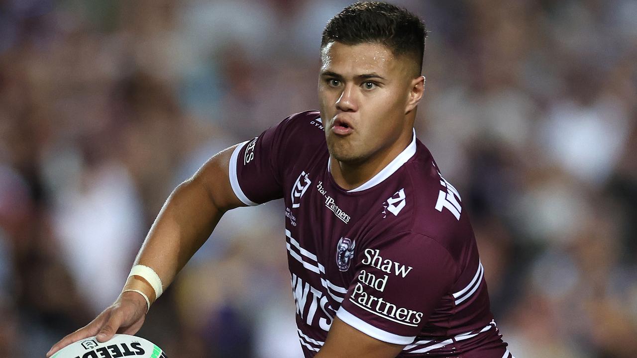 SYDNEY, AUSTRALIA - MARCH 16: Josh Schuster of the Sea Eagles passes the ball during the round three NRL match between Manly Sea Eagles and Parramatta Eels at 4 Pines Park on March 16, 2023 in Sydney, Australia. (Photo by Cameron Spencer/Getty Images)