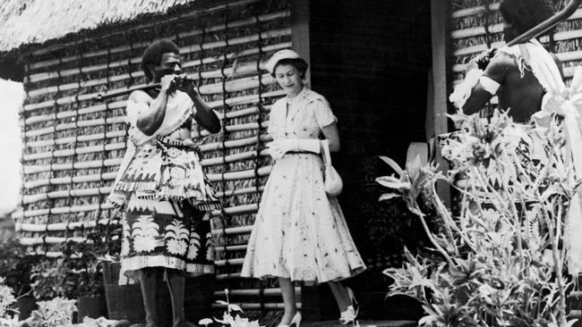 The Queen at Lautoka in Fiji, with the governor Sir Ronald Garvey in December, 1953. Picture: Getty