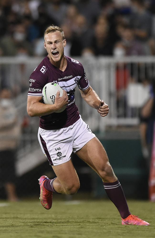 Daly Cherry-Evans of the Sea Eagles scores a try during the NRL Semi-Final match between the Manly Sea Eagles and the Sydney Roosters at BB Print Stadium on September 17, 2021 in Mackay. Picture: Matt Roberts