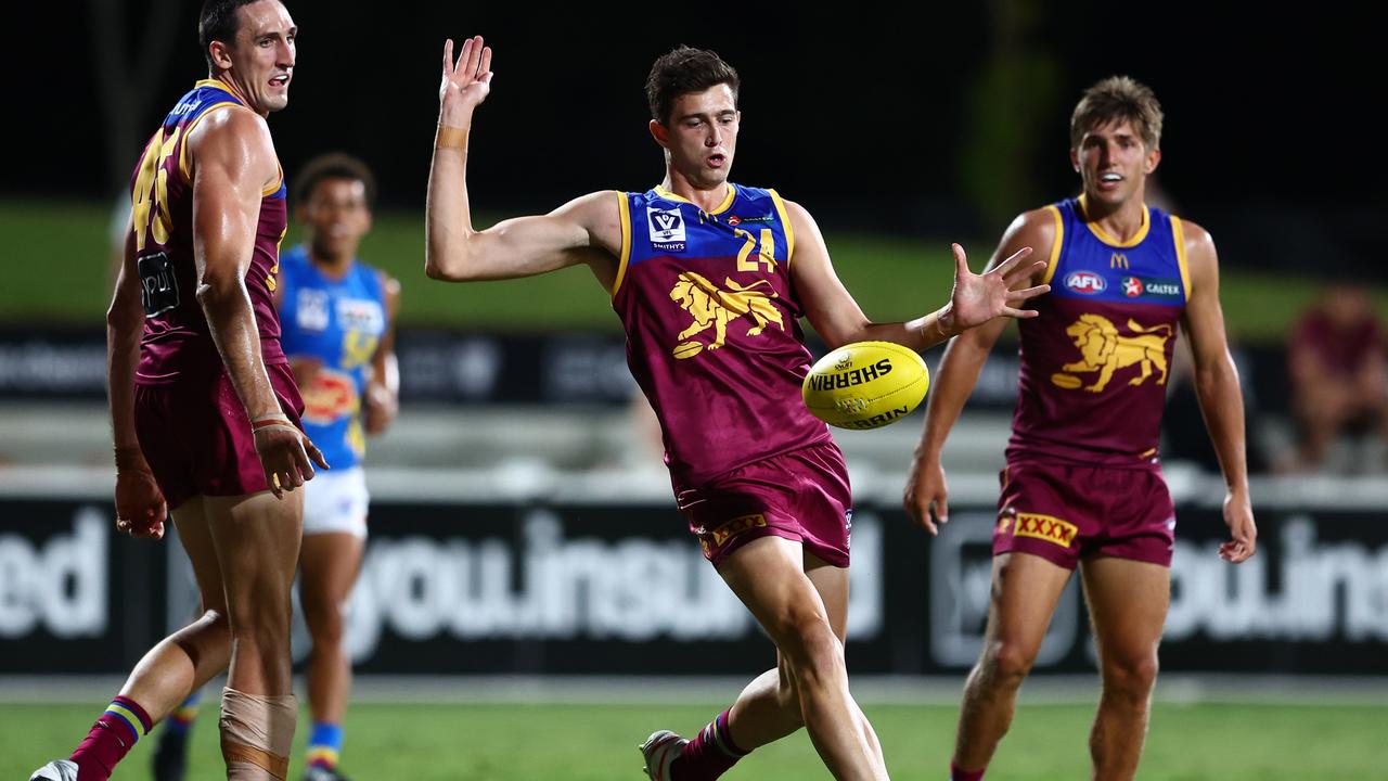 BRISBANE, AUSTRALIA – FEBRUARY 22: Brandon Ryan of the Lions kicks during an AFL practice match between Brisbane Lions and Gold Coast Suns at Brighton Homes Arena on February 22, 2024 in Brisbane, Australia. (Photo by Chris Hyde/Getty Images)
