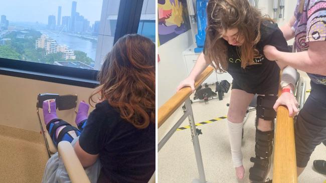 Alex Hanney, 18, pictured in hospital where she has spent the past 22 days recovering from complications following major leg surgery.