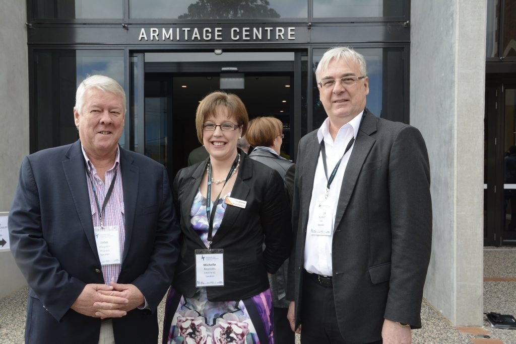 In friendly competition are (from left) Wagners Global Services chairman John Wagner, Interlink SQ Freight Terminals CEO Michelle Reynolds and FKG Witmack Industry Park development manager Dallas Hunter. Photo Andrew Backhouse / The Chronicle. Picture: Andrew Backhouse