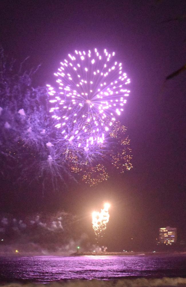 Fireworks light up the night sky over Mooloolaba as thousands turned out to watch and bring in the New Year. Photo: Elizabeth Neil