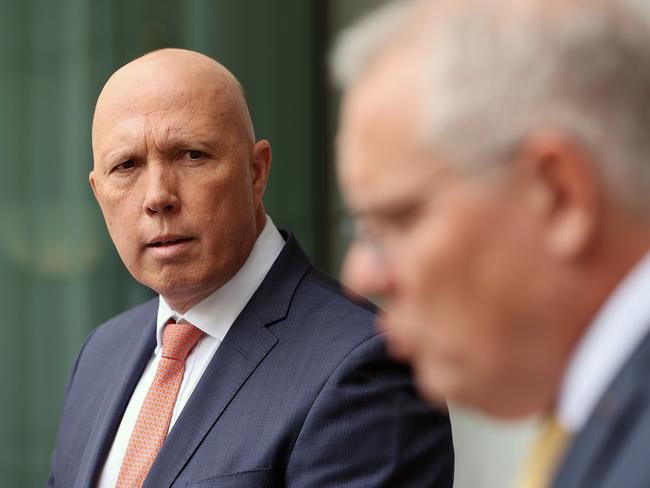 CANBERRA, AUSTRALIANewsWire Photos MARCH 01, 2021: Prime Minister Scott Morrison with Defence Minister Peter Dutton met with the national security committee of cabinet on Ukraine and the Australian floods, and then spoke to media at a press conference at Parliament House in Canberra.Picture: NCA NewsWire / Gary Ramage