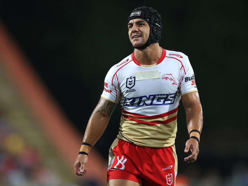 The Dolphins were forced to cover up their new front-of-jersey sponsor Alternaleaf just hours before their Round 7 clash with Parramatta. Picture: Getty Images