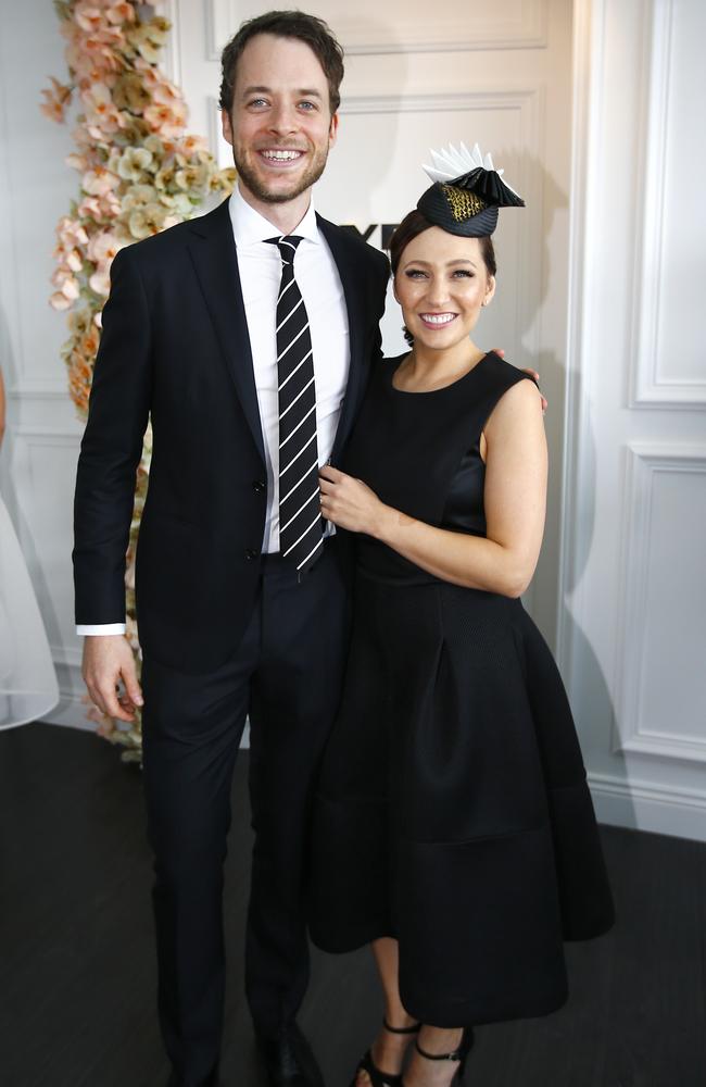 Hamish Blake and Zoe Foster in the Birdcage at Derby Day 2014. Picture: Bradley Hunter