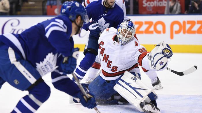 Caroline Hurricanes emergency goalie David Ayres makes a save against the Toronto Maple Leafs.