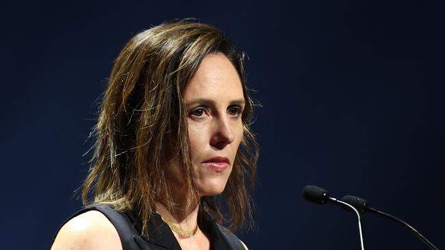 MELBOURNE, AUSTRALIA - NOVEMBER 25: Kelly Ryan, Netball Australia CEO speaks during the 2023 Australian Netball Awards at The Forum on November 25, 2023 in Melbourne, Australia. (Photo by Graham Denholm/Getty Images)