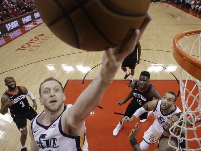 Utah Jazz forward Joe Ingles (2) drives to the basket during the first half in Game 2 of an NBA basketball second-round playoff series against the Houston Rockets, Wednesday, May 2, 2018, in Houston. (AP Photo/Eric Christian Smith)