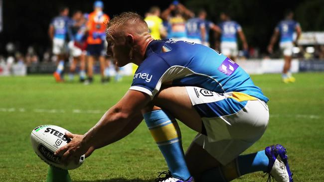 Gold Coast Titans halfback Tanah Boyd readies to take a kick from the sideline during a pre-season trial against Burleigh Bears at Pizzey Park. February 20, 2021. Photo Jason O'Brien