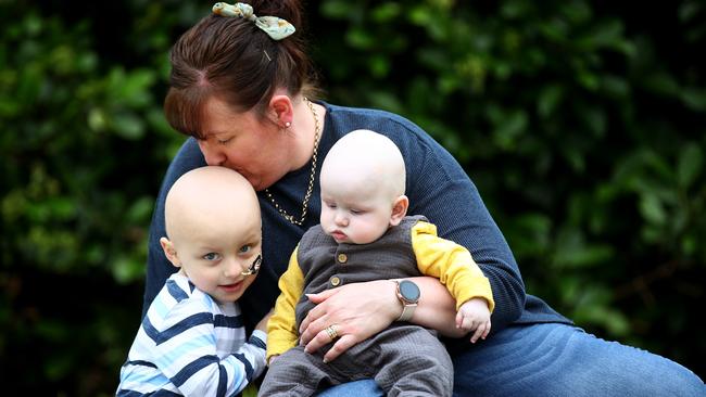 Jamie Lord gave birth to her fourth child Harrison while Noah, almost 3, was in the middle of his cancer treatment. Picture: Toby Zerna