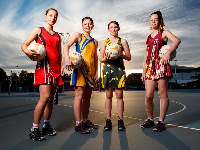 Gemma Grivell (Mid Hills),  Scarlett Prestwood (Southern Hills), Ashleigh Cross (Great Southern) and Samantha Penna (Gawler and Districts) at Netball SA Stadium on May 19, 2021 ahead of the SA Country Championships. Picture Matt Turner.