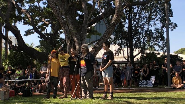 Larrakia Elder June Mills addressing the crowd at Darwin's Black Lives Matter rally on June 13, 2020. Picture: Madura McCormack/ NT News