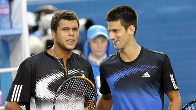 Jo-Wilfried Tsonga and Novak Djokovic before the 2008 Australian Open final.