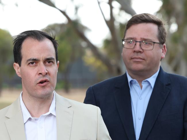 NEWS ADV, Leader of the Opposition Vincent Tarzia to talk to media after the Black By-election  loss . With Heidi Girolamo MLC and John Gardner MP  at Pavana Reserve, Hallett Cove, Image/Russell Millard Photography