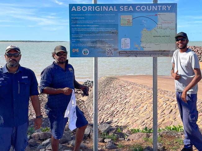 Bulgul and Kakadu National Park Rangers Brendan Morgan Armstrong, Bernie Lewis and Victor Moffit patrolling the Finniss River. Picture: Supplied/NLC