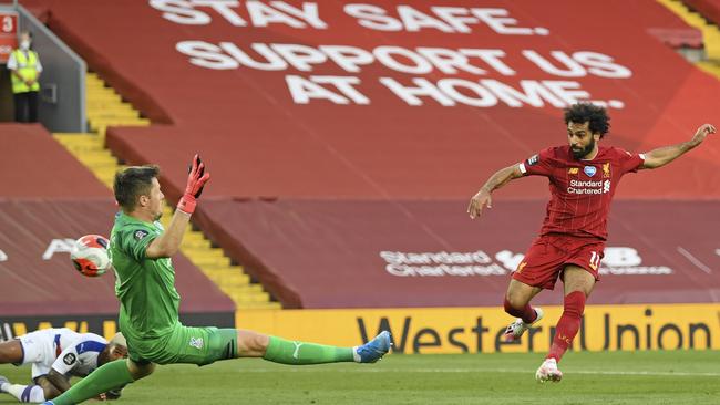 Liverpool’s Mo Salah scores against Crystal Palace at Anfield