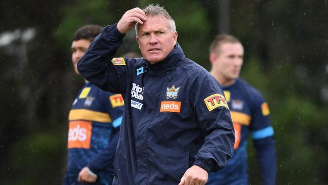 Coach Garth Brennan looks on during the Gold Coast Titans training session on the Gold Coast, Wednesday, June 26, 2019. (AAP Image/Dave Hunt)