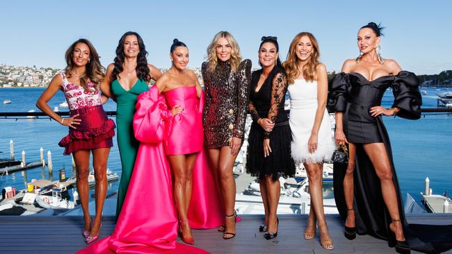 DAILY TELEGRAPH. Real Housewives of Sydney launch party at the Royal Motor Yacht Club in Point Piper. Group photo of cast. L-R: Victoria Montano, Krissy Marsh, Terry Biviano, Dr Kate Adams, Nicole OÃNeil, Sally Obermeder, Caroline Gaultier. 05/10/2023. Pic by Max Mason-Hubers