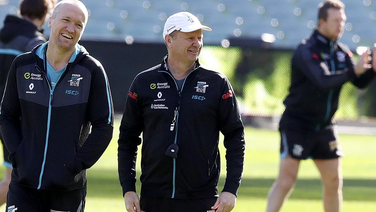 Port Adelaide coach Ken Hinkley revealed a cheeky text from Taylor Walker. Picture: Sarah Reed