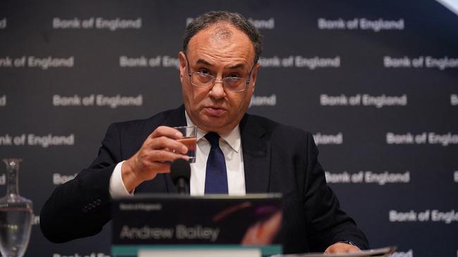 Governor of the Bank of England Andrew Bailey addresses the media in London on Thursday after lifting interest rates by 0.5% and issuing a dire warning on inflation. Picture: AFP