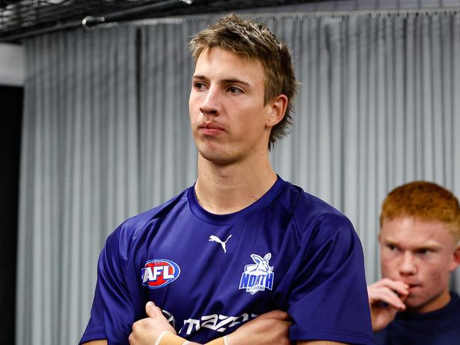 MELBOURNE, AUSTRALIA - MAY 19: North Melbourne debutant Wil Dawson is seen before the 2024 AFL Round 10 match between the Essendon Bombers and the North Melbourne Kangaroos at Marvel Stadium on May 19, 2024 in Melbourne, Australia. (Photo by Dylan Burns/AFL Photos via Getty Images)