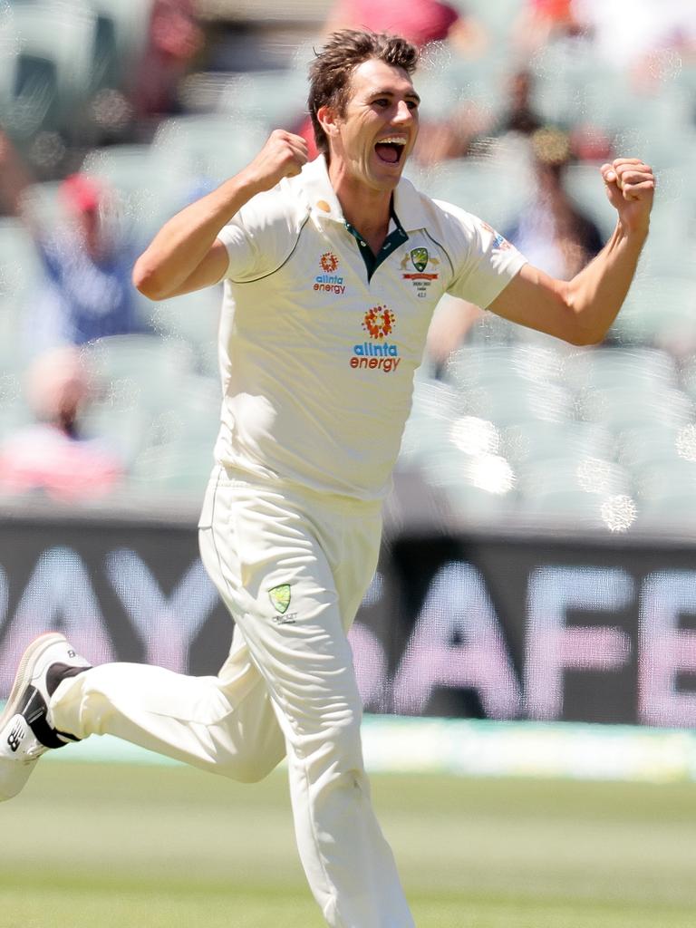 Pat Cummins celebrates taking a wicket during the first Test against India. Picture: Getty Images