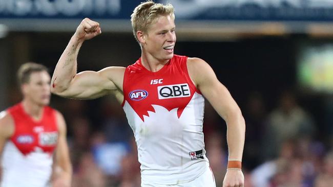 Isaac Heeney celebrates a goal this season for Sydney. Picture: Chris Hyde/Getty Images. 