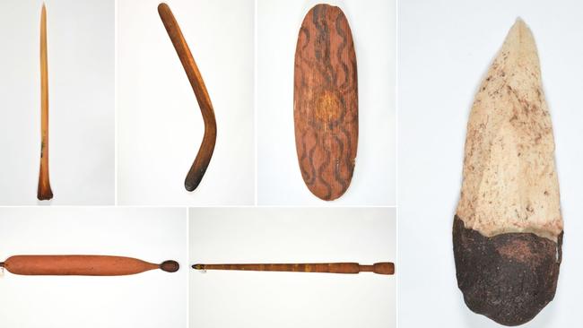 The Warlpiri cultural materials to be returned by Dr Bernolf Eibl-Eibesfeldt include sacred men’s objects and everyday objects such as Karli (boomerangs), Wurlampi (knives), Pikirri (spear thrower) and Kurdiji (shields). Pictures: Sven Trankner