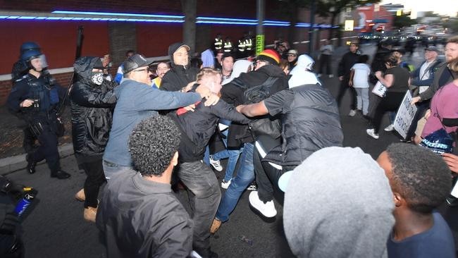 Factions brawl on the street in Kensington, outside Melbourne Pavilion. Picture: AAP