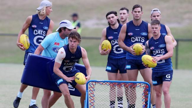 Geelong players train atthe Southport Sharks grounds on Queensland’s Gold Coast. Picture: Sarah Reed