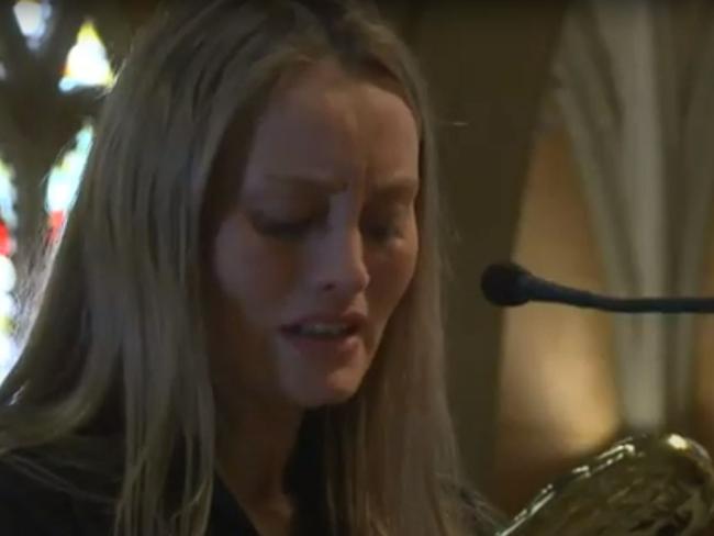 Cousin Alana is overcome with emotion as she speaks at the funeral for beloved Ballarat teen Bridie Cocks. Picture: Vision by Demunk