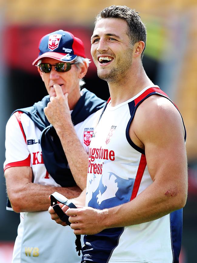 Wayne Bennett and Sam Burgess discussed pre-season training schedules of the Broncos and the Rabbitohs. Picture: Hannah Peters