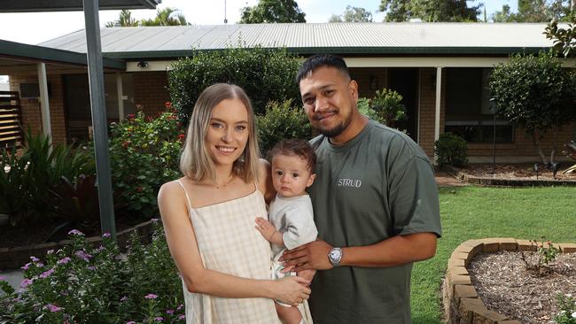 Jordan Strudwick with his fiance Jana and son Noah, 7, at their home in Ripley. Picture: Liam Kidston.