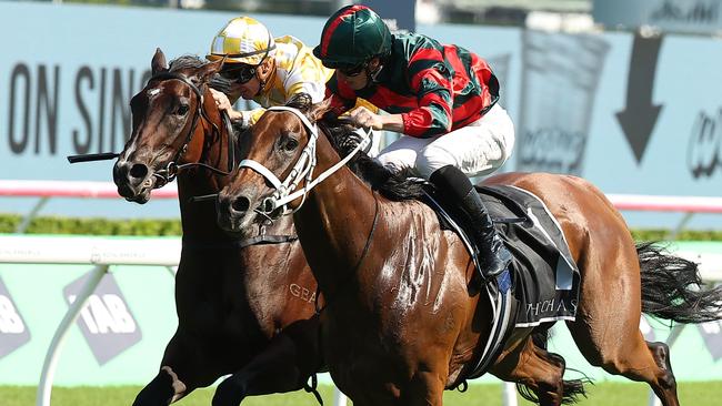 James McDonald rides Lady Shenandoah to a thrilling victory of Lady Of Camelot in the Surround Stakes Picture: Jeremy Ng/Getty Images