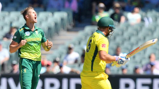 Dwaine Pretorius celebrates the dismissal of Aaron Finch. Picture: AAP