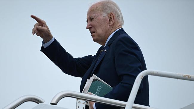 US President Joe Biden gestures as he departs from Delaware Air National Guard Base. Picture: AFP