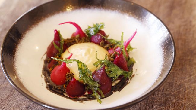 Falls Farm beetroot with black sesame, molasses yoghurt and mizen furikake at Mapleton Public House. Picture: Lachie Millard