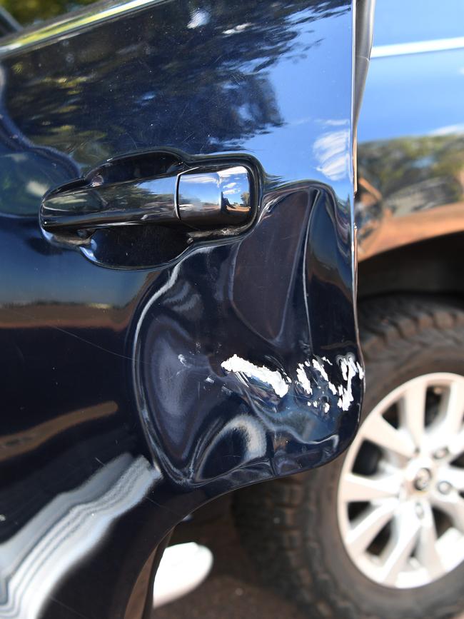 Toby George with daughter Milly, 6, were driving down Tiger Brennan Dr when people threw a rock at his car narrowly avoiding his daughter Milly. Picture: Katrina Bridgeford.