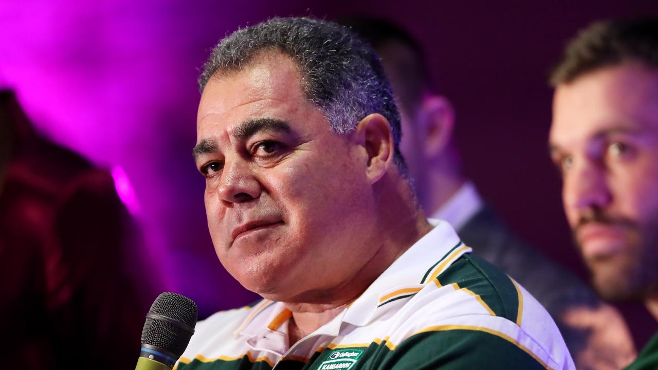 MANCHESTER, ENGLAND - OCTOBER 10: Mal Meninga, Head Coach of Australia speaks during the Rugby League World Cup 2021 Tournament Launch events at the Science and Industry Museum on October 10, 2022 in Manchester, England. (Photo by Jan Kruger/Getty Images for RLWC2021)