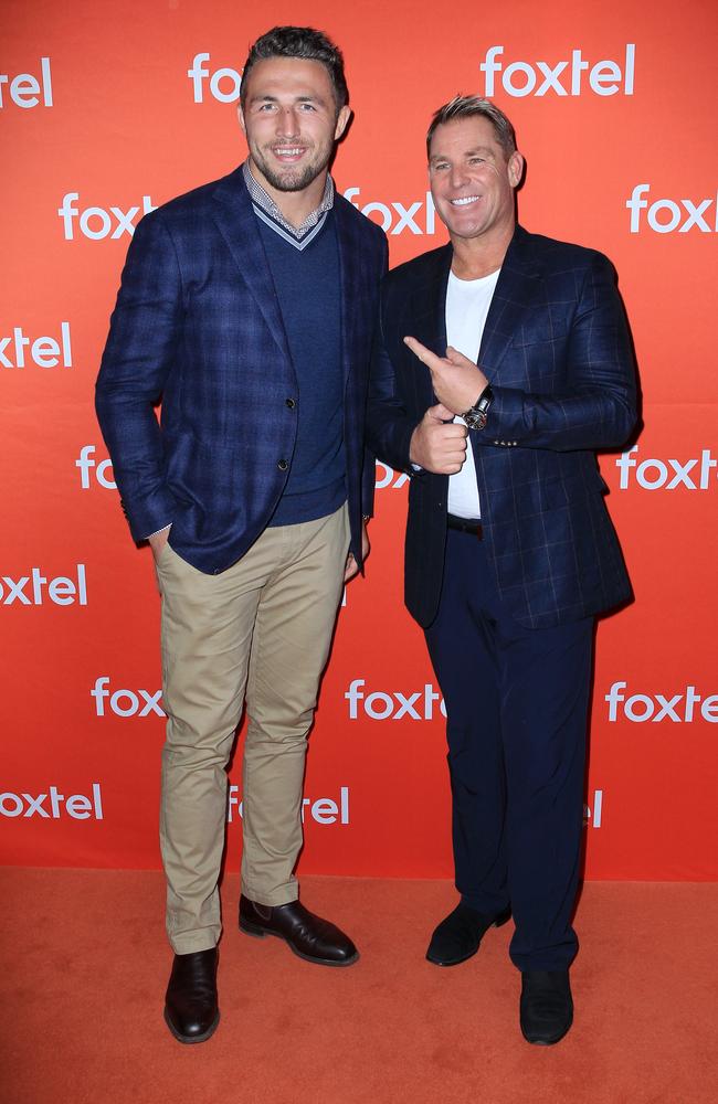 Sam Burgess and Shane Warne at the Foxtel Experience held at Fox Studios in Moore Park. Picture: Christian Gilles