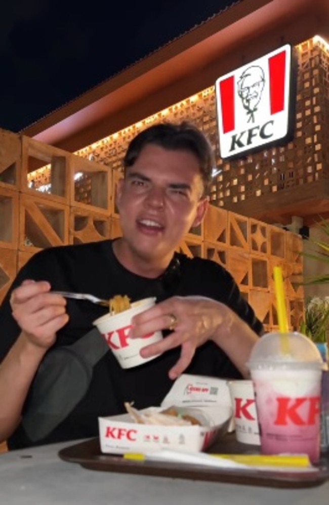 He also ordered a bucket of spaghetti, describing it as ‘interesting’ before questioning if he would ever eat spaghetti with chicken. Picture: TikTok/jackcoopxr