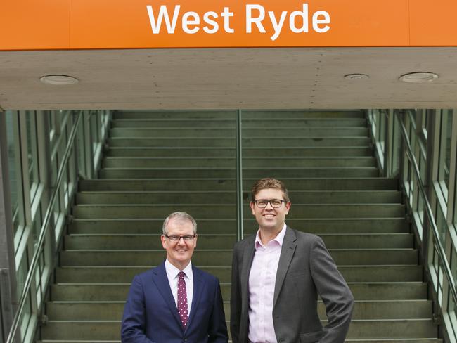 ‘Mountains to climb’: NSW Labor leader Michael Daley and Ryde Labor Mayor Jerome Laxale at West Ryde station this afternoon. Picture: Tim Pascoe