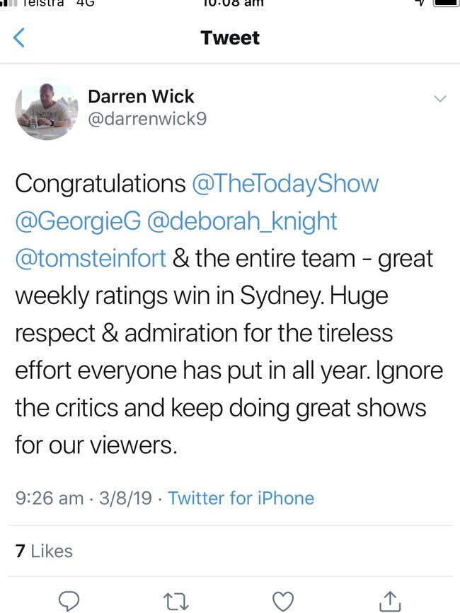 One of Darren Wick’s tweets before he closed his Twitter account after a series of stoushes.