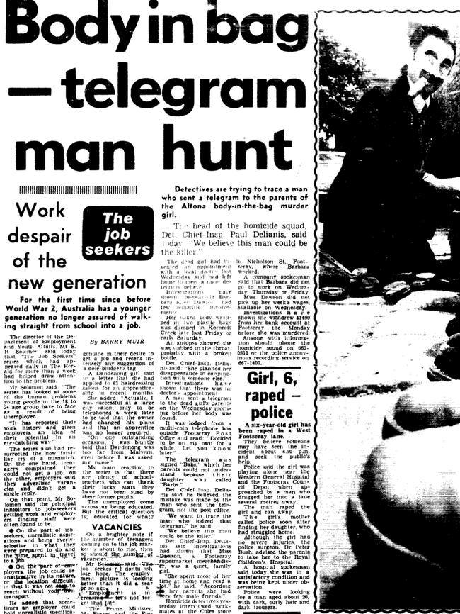 Newspaper coverage of the 1980 murder of Barbara Dawson. Page from newspaper 'The Herald'. Melbourne. November, 1980. Kororoit Creek, Altona.