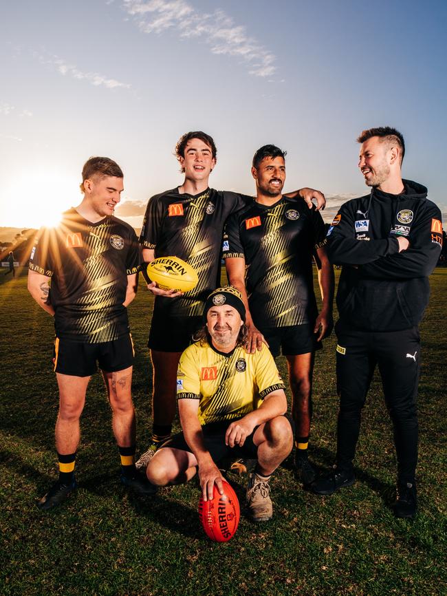 Boston Football Club players Front: Jason “Chook” Fause . Back(left to right):, Riley “Doogz” Doolan, Olly Sellen, Sunny “The Panther” Singh, Brad “Cat” Keast. Picture: Robert Lang ,