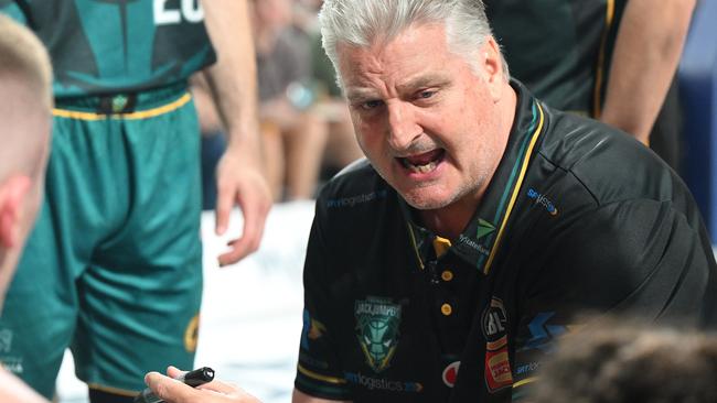 HOBART, AUSTRALIA - JANUARY 12: Scott Roth Head Coach   of the Jackjumpers addresses the team during the round 16 NBL match between Tasmania Jackjumpers and Perth Wildcats at MyState Bank Arena, on January 12, 2025, in Hobart, Australia. (Photo by Steve Bell/Getty Images)