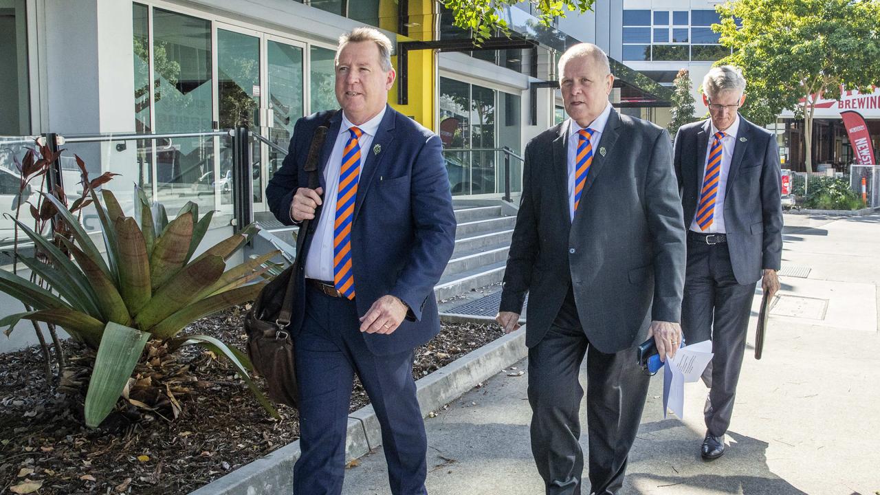 Brian Torpy, Steve Bullow and Shane Edwards of the Brisbane Firehawks depart QRL headquarters after presenting their bid to be Brisbane's next expansion team in the NRL. Picture Lachie Millard